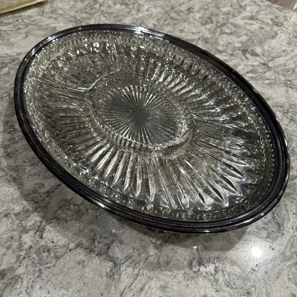 Elegant Glass Serving Platter with Silver Plated Ornate Stand